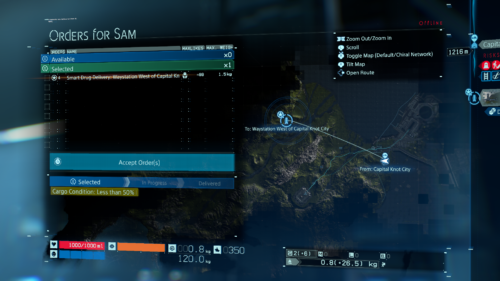 Orders for Sam screenshot of Death Stranding video game interface.