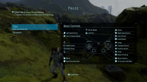 Pause screenshot of Death Stranding video game interface.