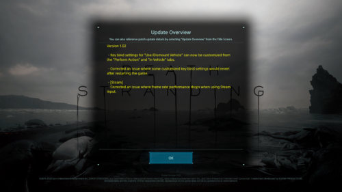 Update Overview screenshot of Death Stranding video game interface.
