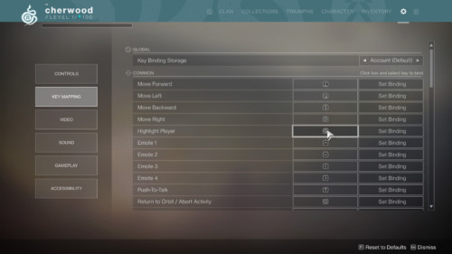 Key mapping screenshot of Destiny 2 video game interface.