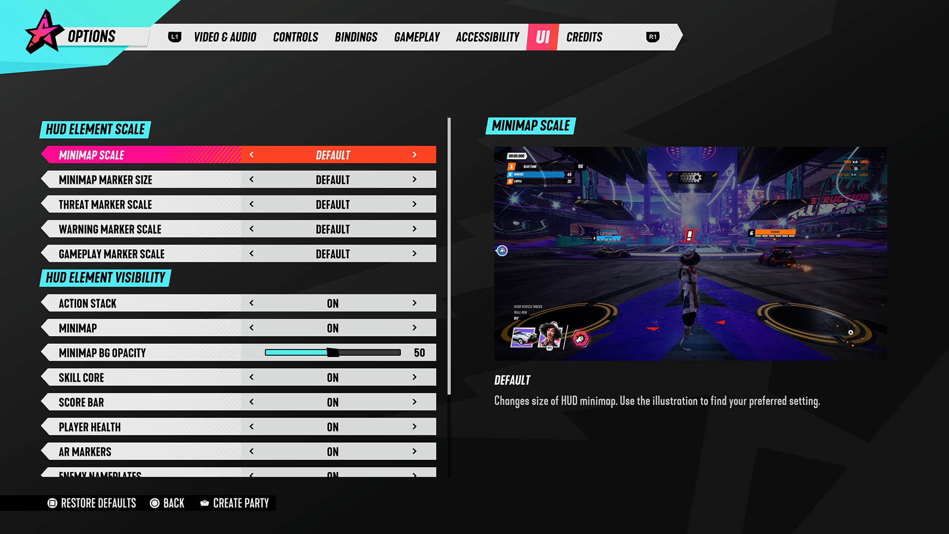 UI Settings  screenshot of Destruction AllStars video game interface.
