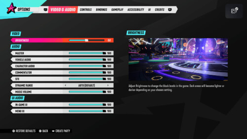 Video and Audio Settings  screenshot of Destruction AllStars video game interface.