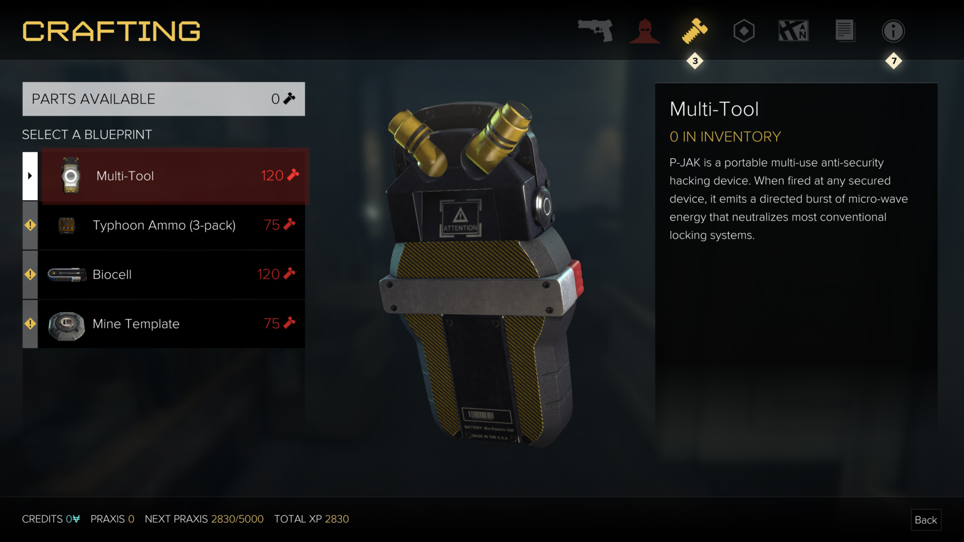 Crafting screenshot of Deus Ex: Mankind Divided video game interface.