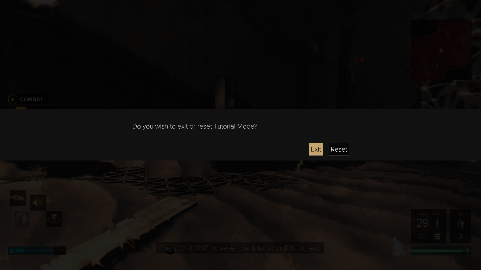 Exit tutorial mode screenshot of Deus Ex: Mankind Divided video game interface.