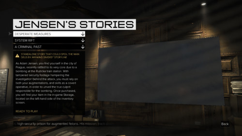 Jensen's stories screenshot of Deus Ex: Mankind Divided video game interface.