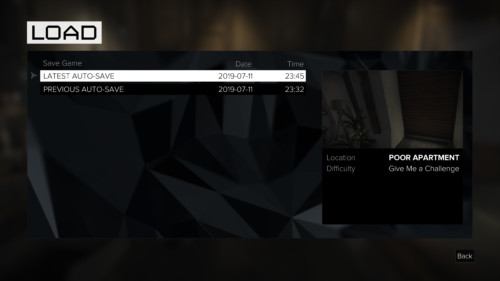 Load screenshot of Deus Ex: Mankind Divided video game interface.