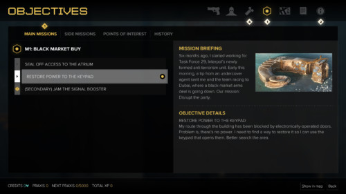 Objectives screenshot of Deus Ex: Mankind Divided video game interface.