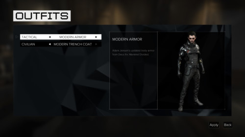 Outfits screenshot of Deus Ex: Mankind Divided video game interface.