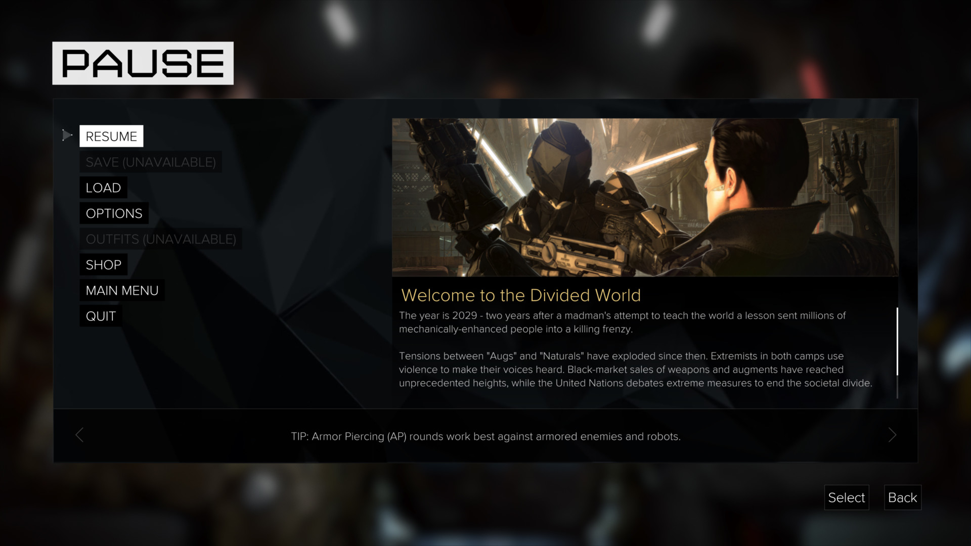 Pause screenshot of Deus Ex: Mankind Divided video game interface.