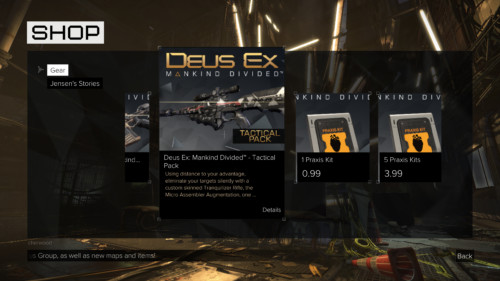 Shop screenshot of Deus Ex: Mankind Divided video game interface.