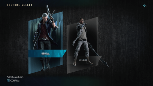 Costume select screenshot of Devil May Cry 5 video game interface.