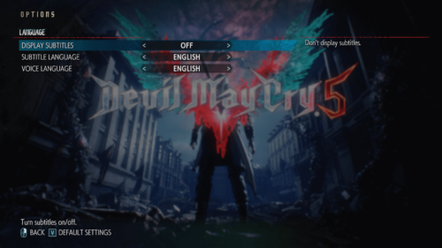 Language screenshot of Devil May Cry 5 video game interface.