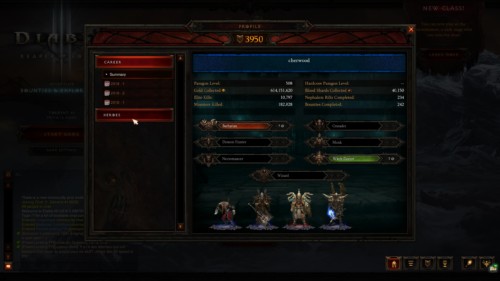 Profile career screenshot of Diablo III video game interface.