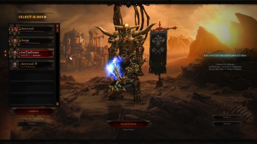Select a hero screenshot of Diablo III video game interface.