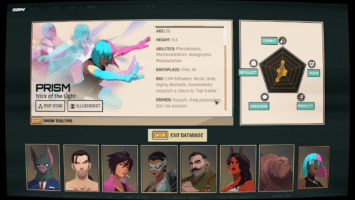 Character screenshot of Dispatch video game interface.