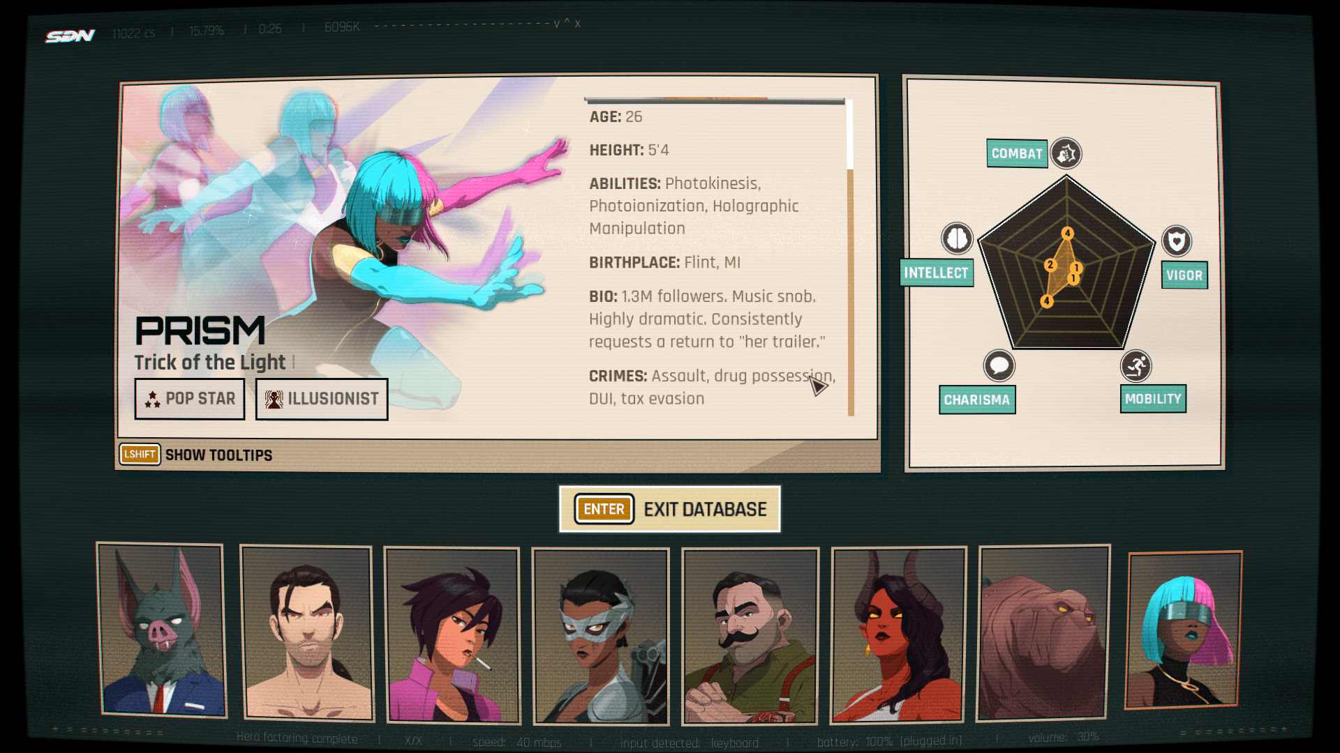 Character screenshot of Dispatch video game interface.