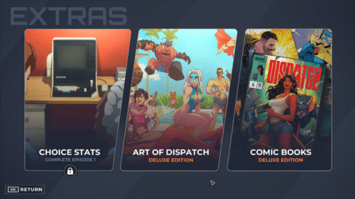 Extras screenshot of Dispatch video game interface.