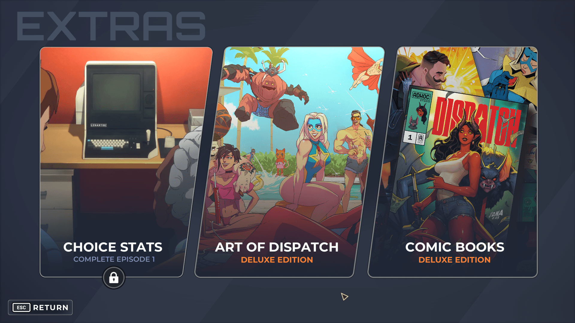 Extras screenshot of Dispatch video game interface.