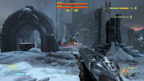 Boss fight screenshot of Doom Eternal video game interface.