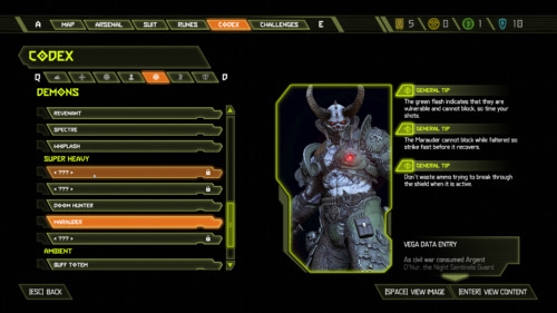 Codex demons screenshot of Doom Eternal video game interface.
