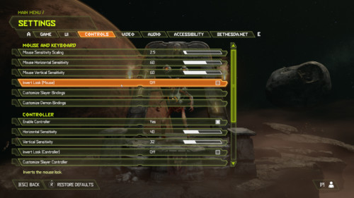 Controls screenshot of Doom Eternal video game interface.