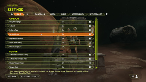 Game screenshot of Doom Eternal video game interface.