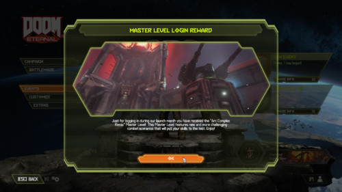 Login reward screenshot of Doom Eternal video game interface.