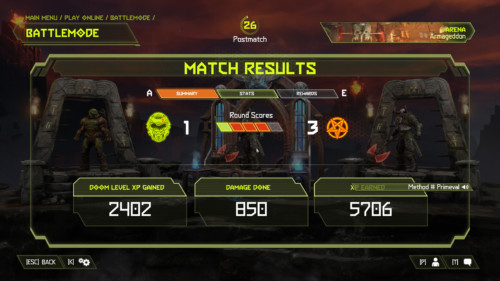 Match summary screenshot of Doom Eternal video game interface.