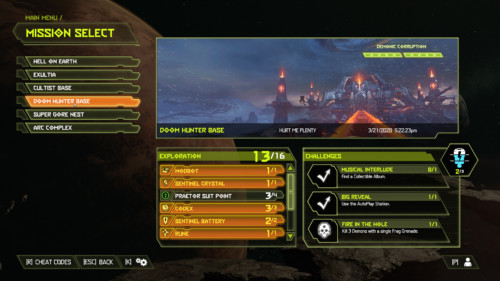 Mission select screenshot of Doom Eternal video game interface.
