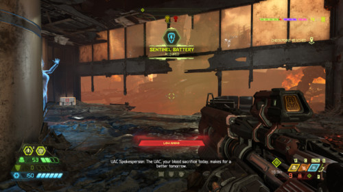 Sentinel battery acquired screenshot of Doom Eternal video game interface.