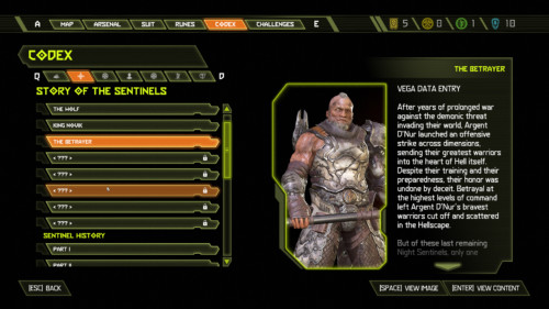 Story of the sentinels screenshot of Doom Eternal video game interface.
