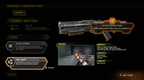 Weapon mod selection tutorial screenshot of Doom Eternal video game interface.