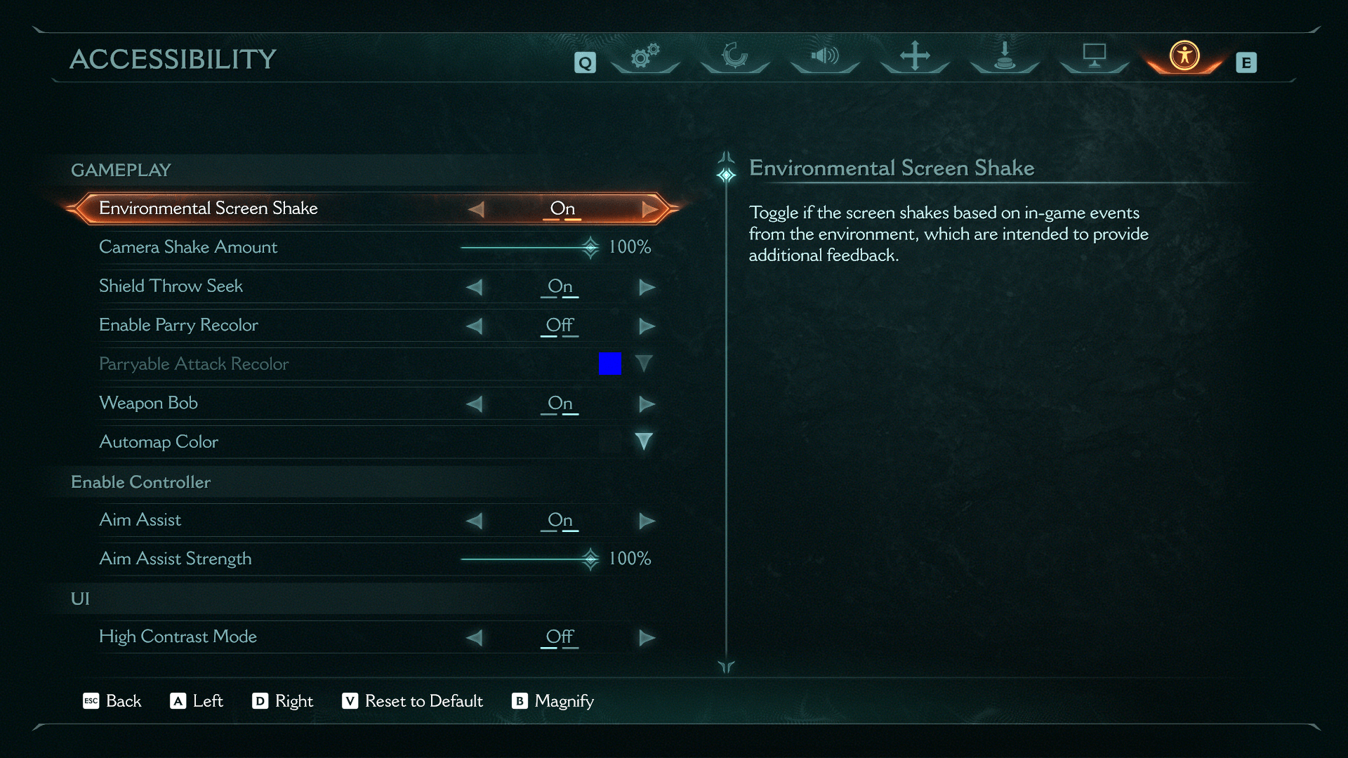 Accessibility screenshot of Doom: The Dark Ages video game interface.
