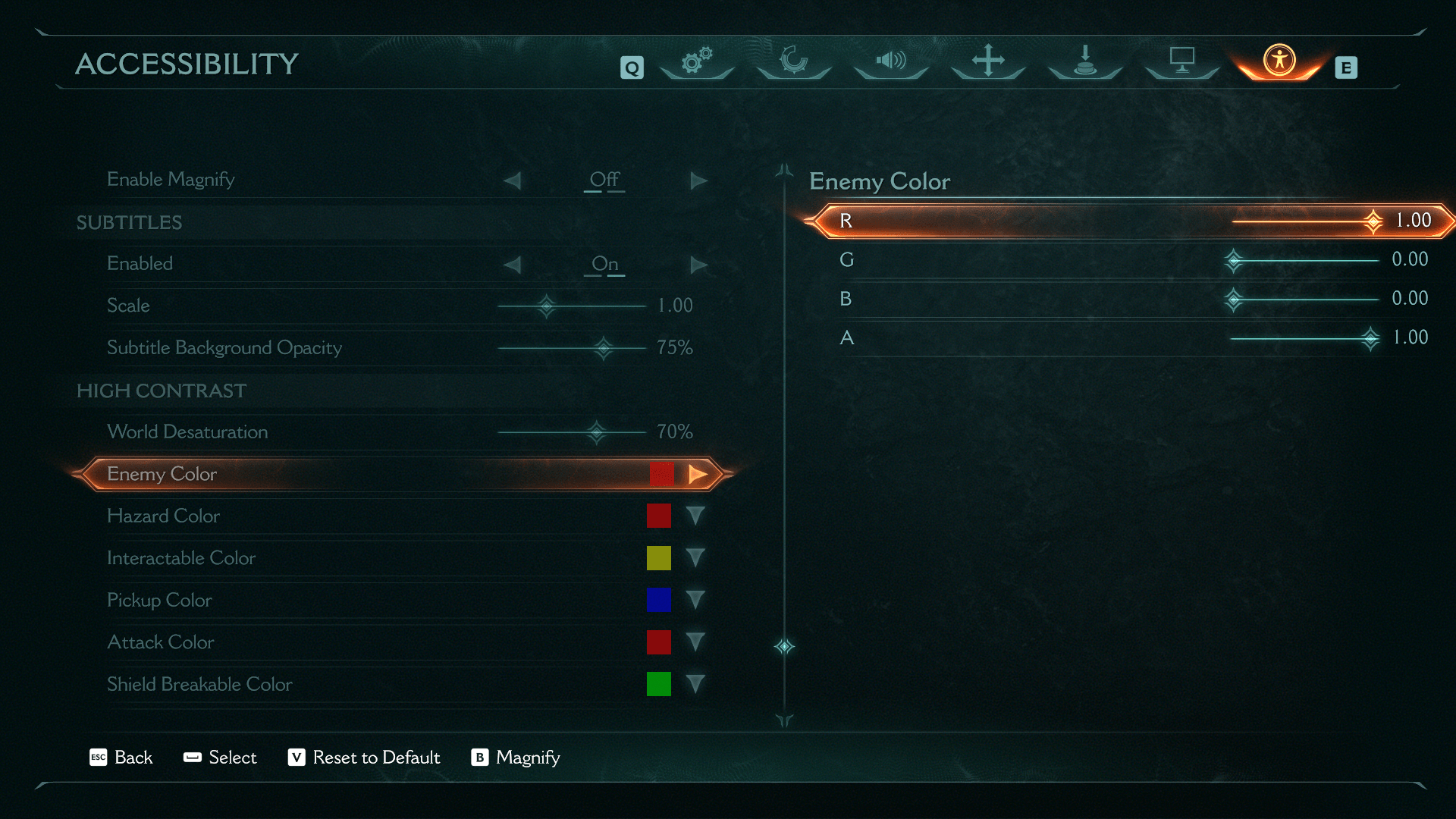 Accessibility screenshot of Doom: The Dark Ages video game interface.