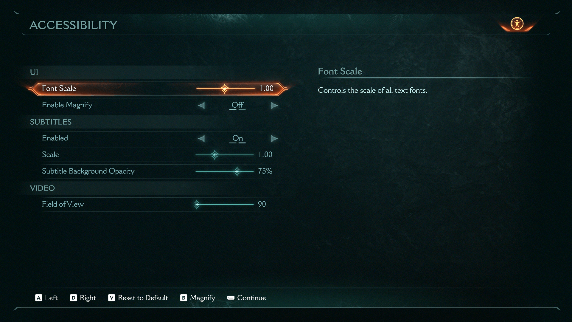 Accessibility screenshot of Doom: The Dark Ages video game interface.
