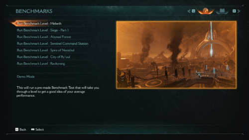 Benchmark screenshot of Doom: The Dark Ages video game interface.