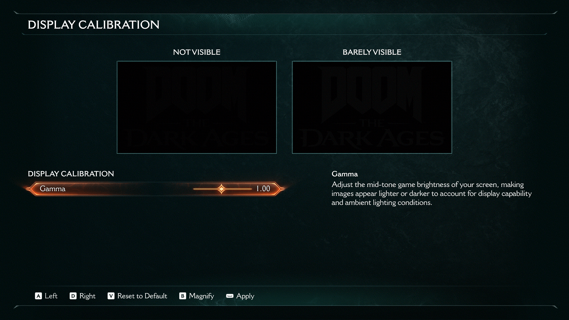 Brightness Setup screenshot of Doom: The Dark Ages video game interface.