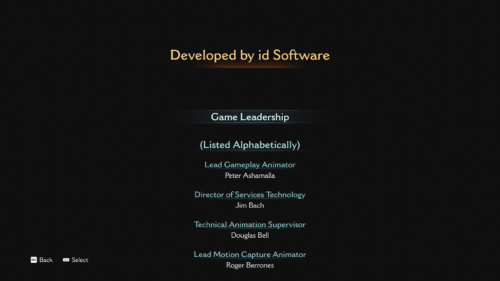 Credits screenshot of Doom: The Dark Ages video game interface.