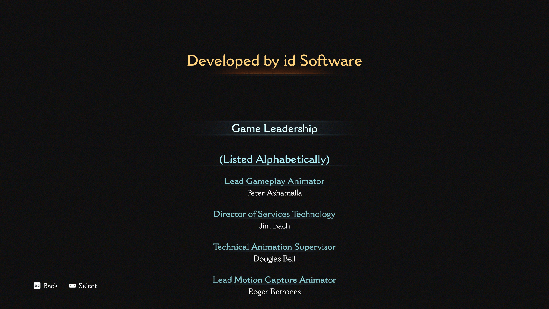 Credits screenshot of Doom: The Dark Ages video game interface.