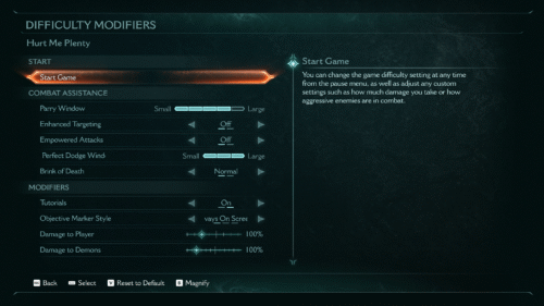 Difficulty Modifiers screenshot of Doom: The Dark Ages video game interface.