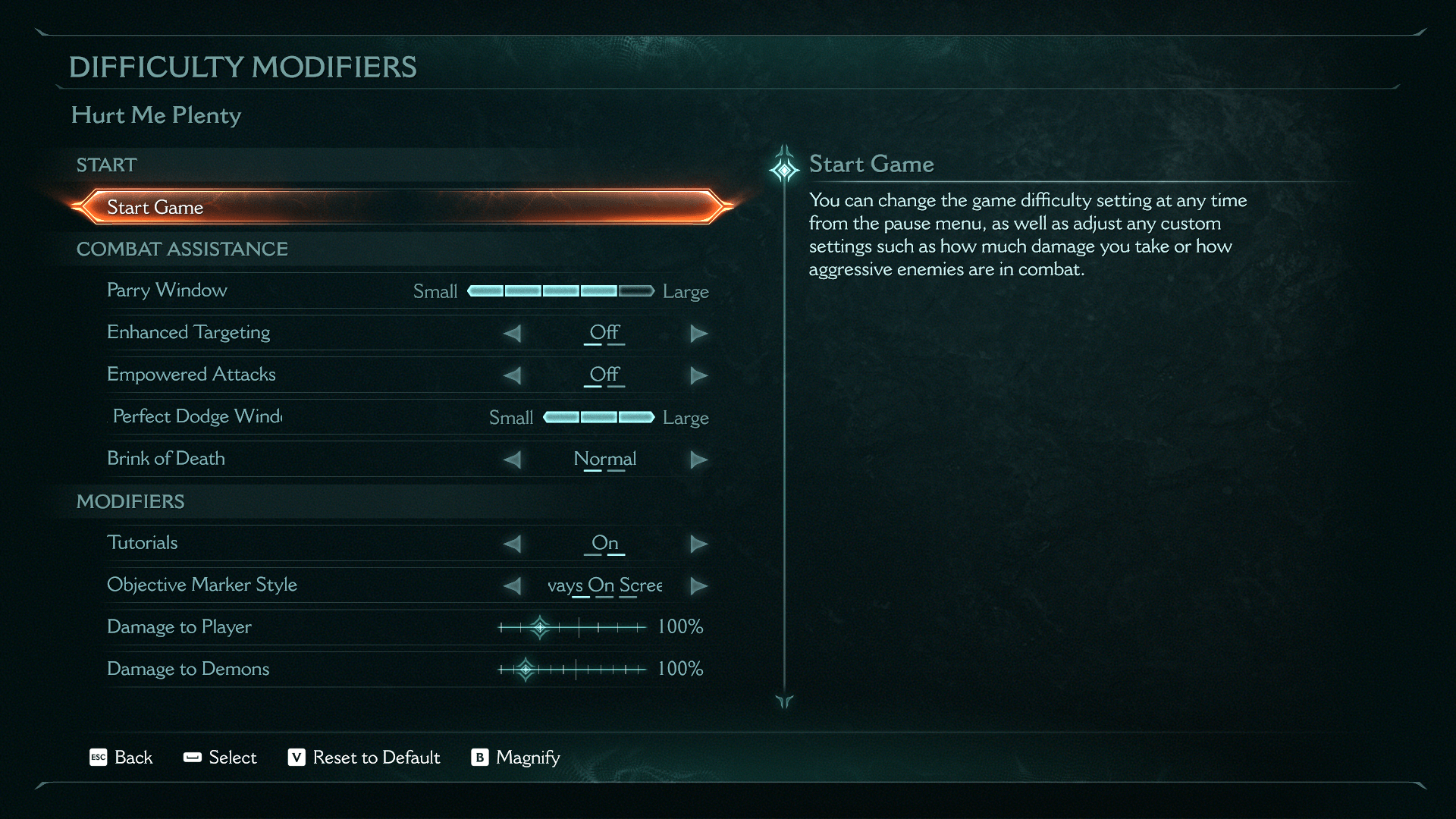 Difficulty Modifiers screenshot of Doom: The Dark Ages video game interface.