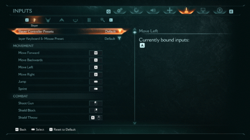 Inputs screenshot of Doom: The Dark Ages video game interface.