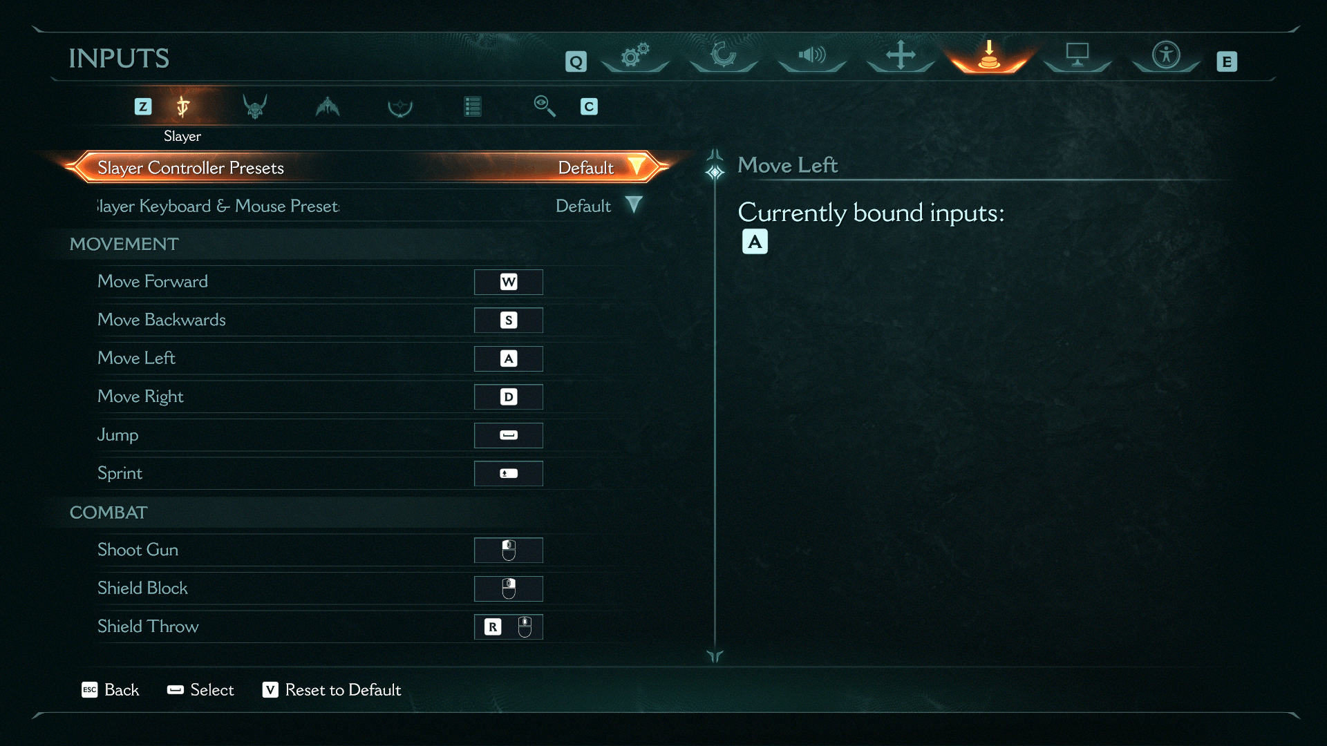 Inputs screenshot of Doom: The Dark Ages video game interface.
