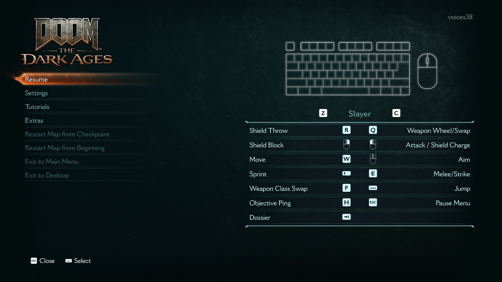 Pause screenshot of Doom: The Dark Ages video game interface.