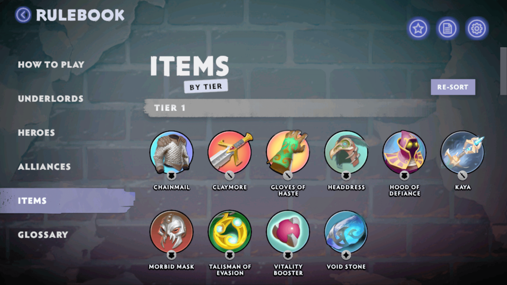 Items by tier screenshot of Dota Underlords Mobile video game interface.