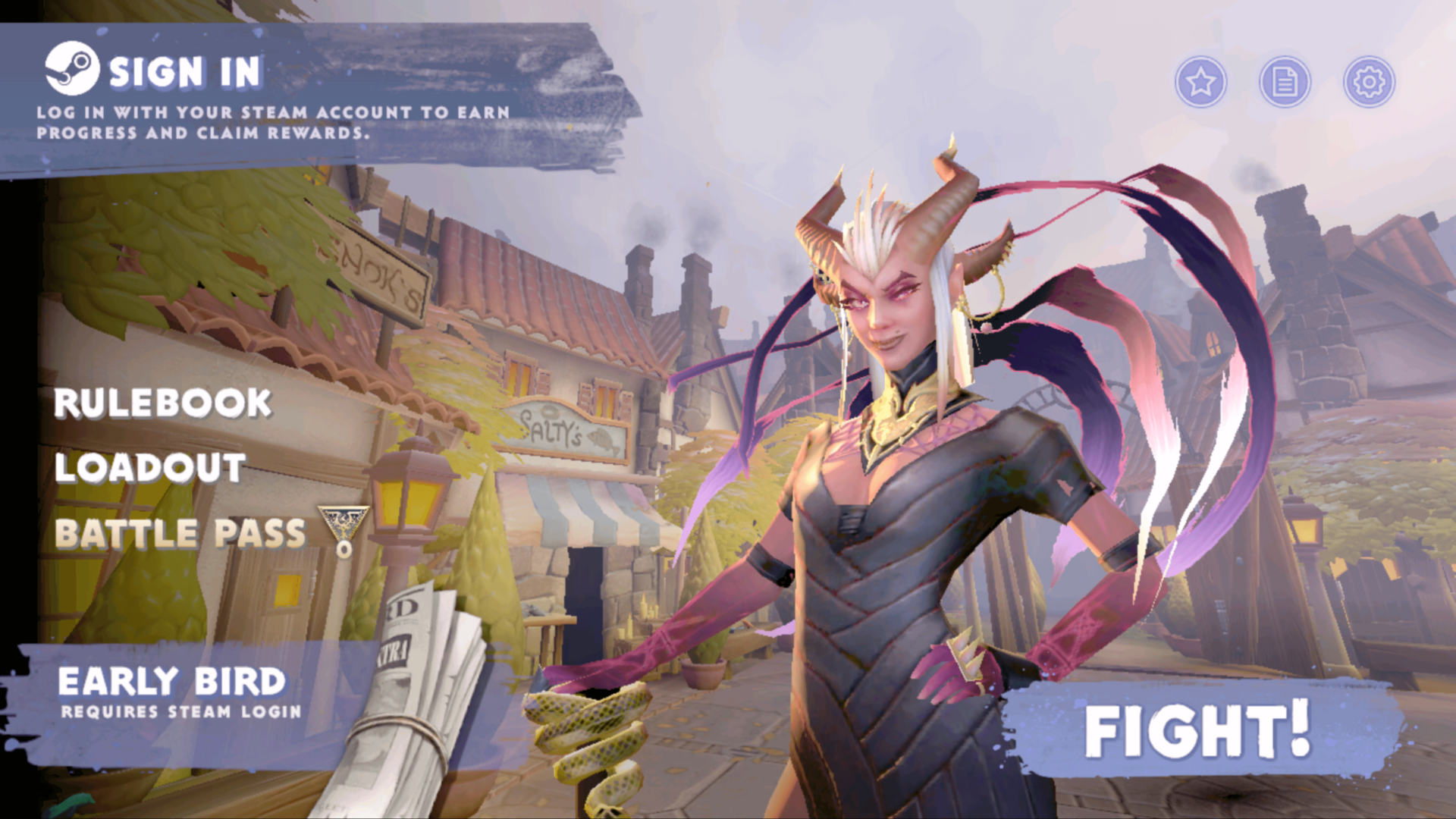 Main menu screenshot of Dota Underlords Mobile video game interface.