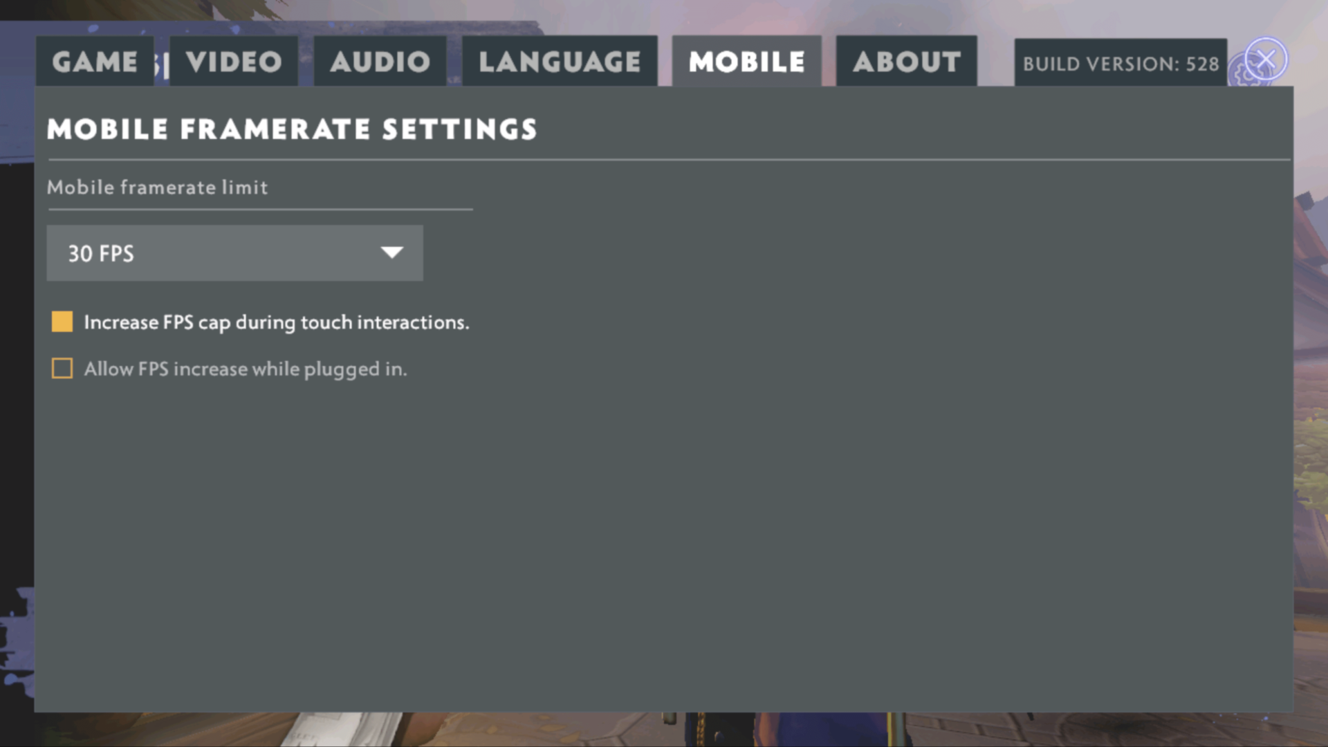 Mobile settings screenshot of Dota Underlords Mobile video game interface.