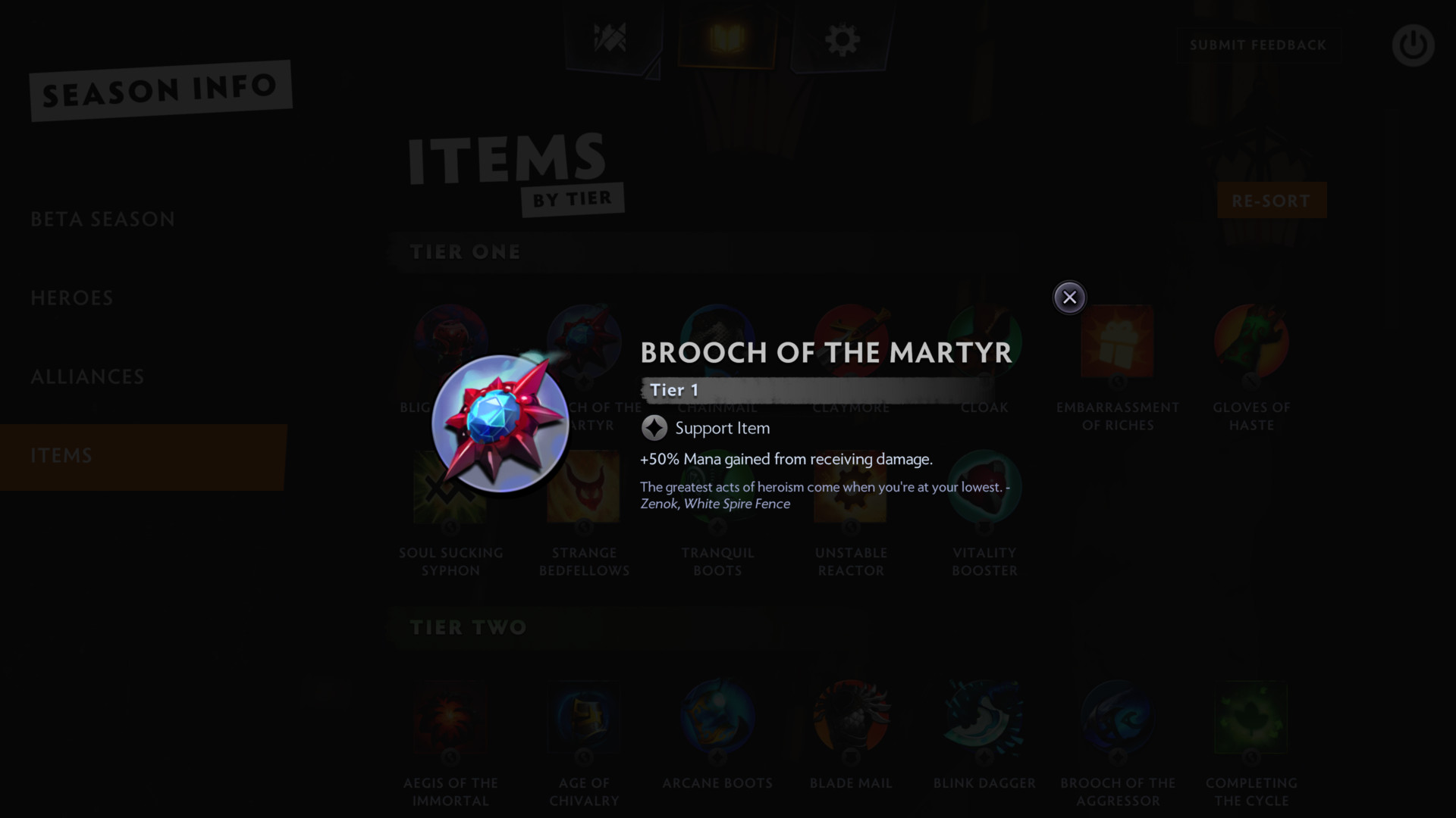 Item details screenshot of Dota Underlords video game interface.
