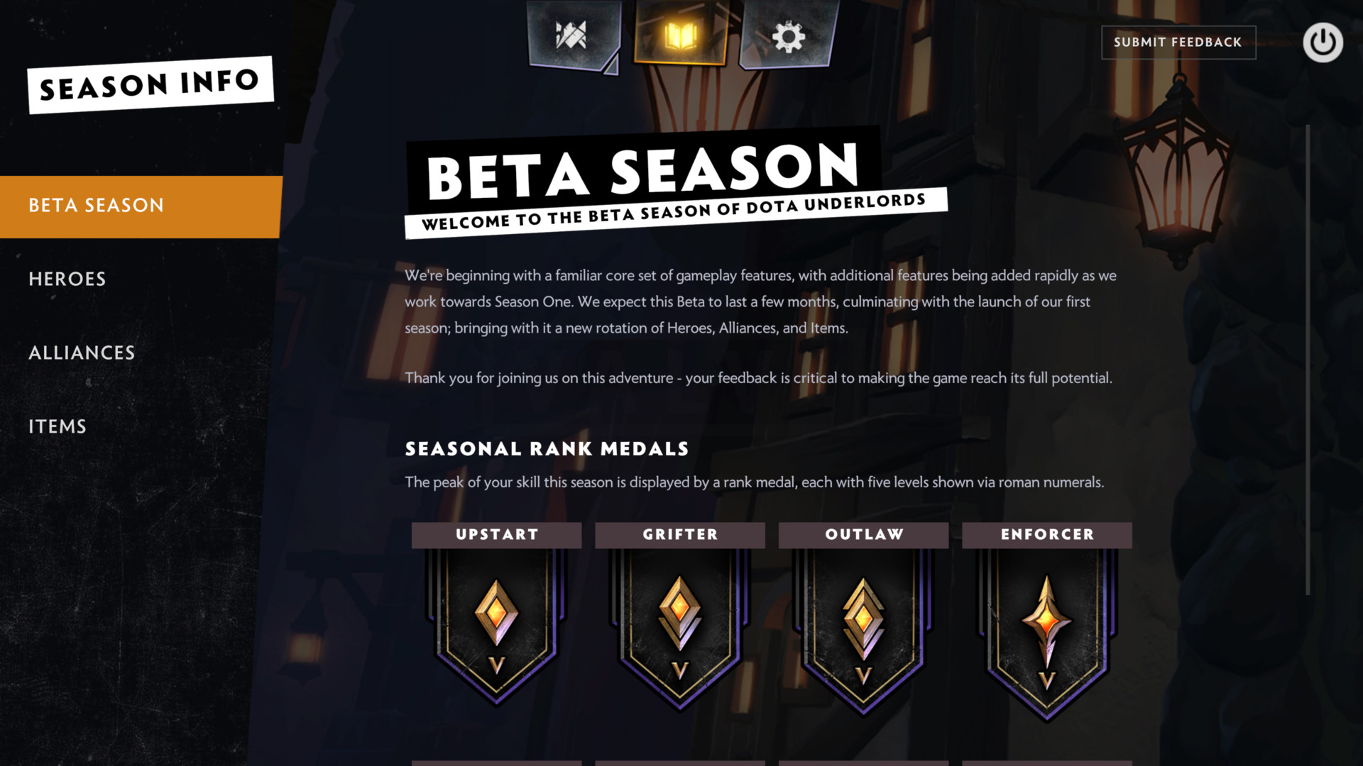 Season info screenshot of Dota Underlords video game interface.