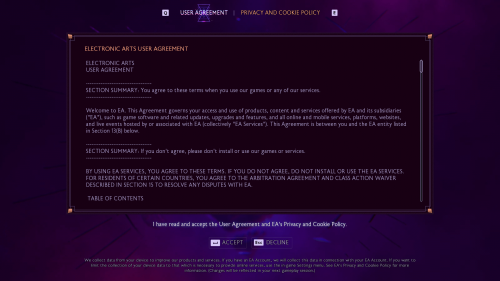 EULA screenshot of Dragon Age: The Veilguard video game interface.